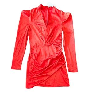 Glamaker Red Front Ruched Satin Dress Womens Size Medium